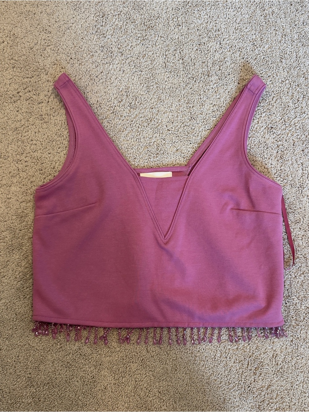 Anthropologie Purple Beaded-Hem V-Neck Crop Tank
